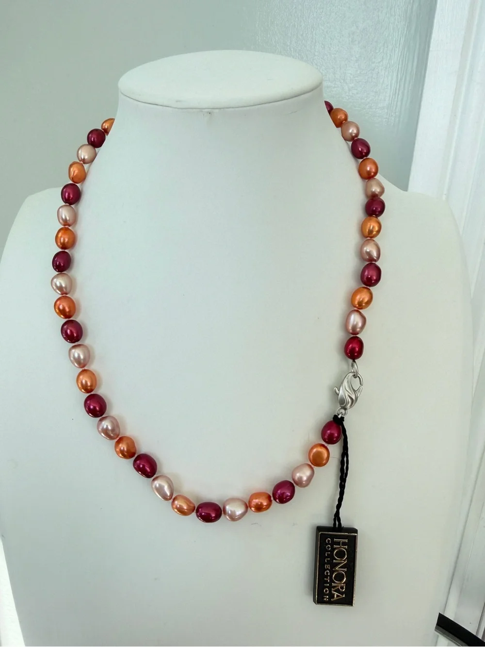 NWT Honora 17” red, orange, champagne dyed freshwater pearl necklace w/ 925!